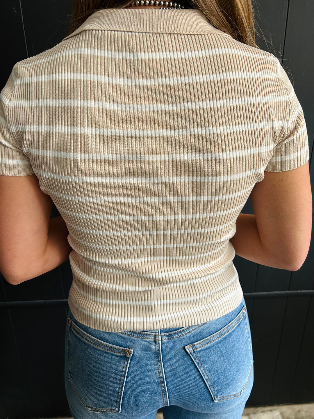 Striped Collared Short Sleeve Sweater Knit Top