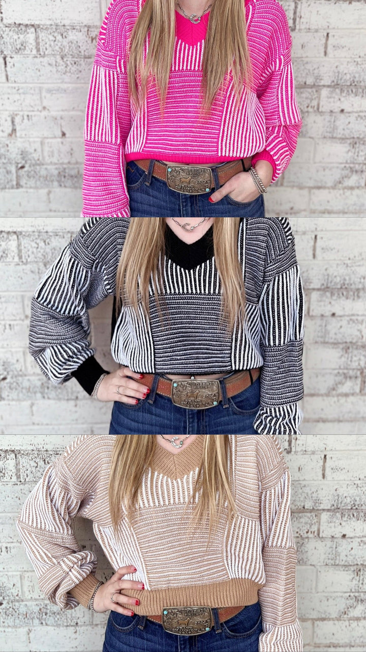 Striped Lantern Sleeve Cropped Sweater - 3 Colors | gussieduponline
