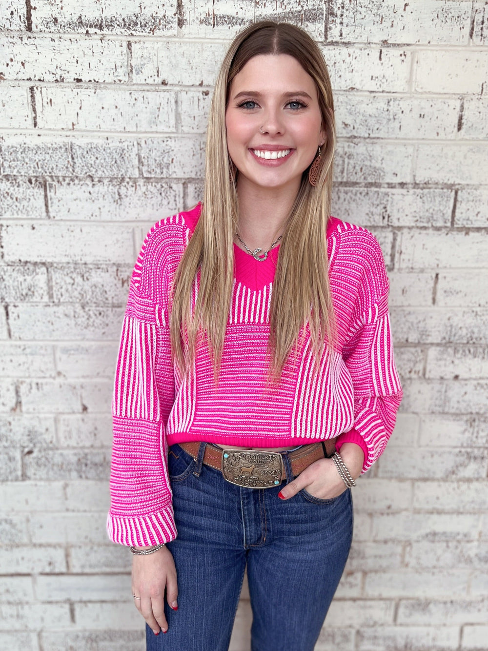 Striped Lantern Sleeve Cropped Sweater - 3 Colors | gussieduponline