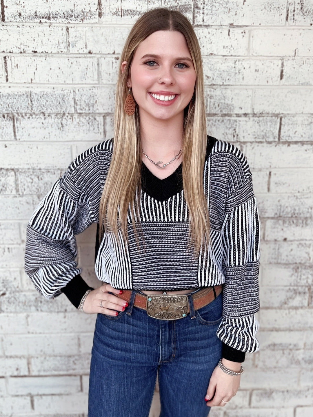 Striped Lantern Sleeve Cropped Sweater - 3 Colors | gussieduponline