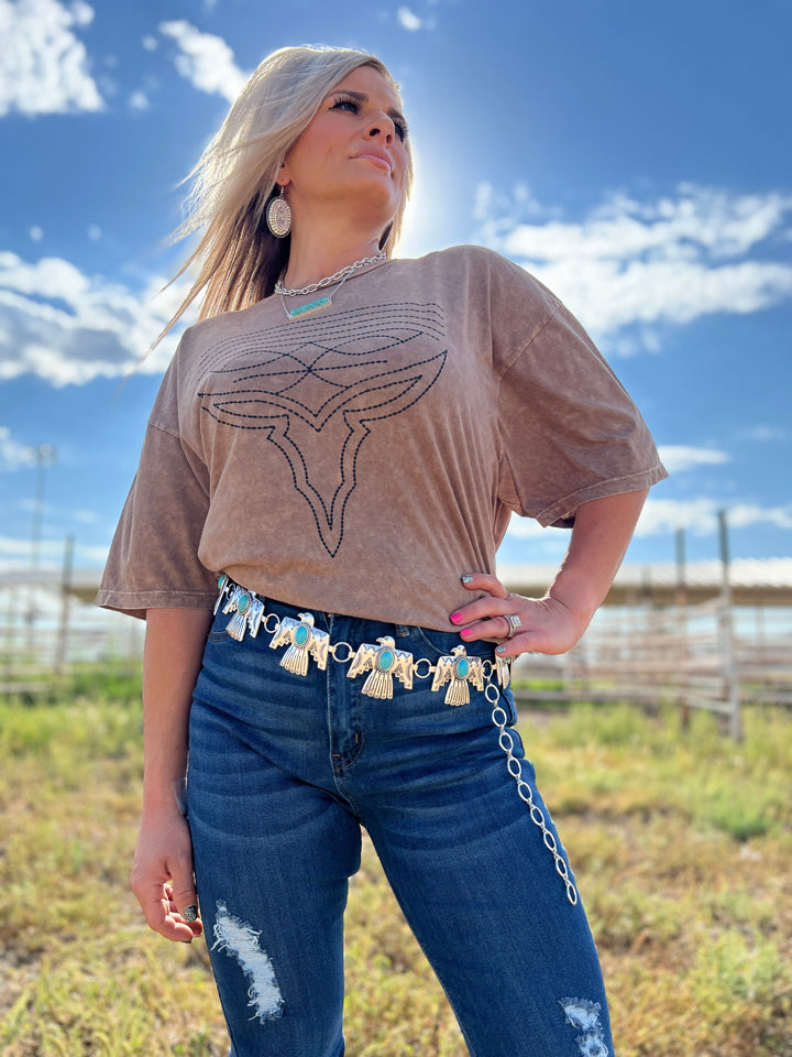 ThunderBird Chain Link Concho Belt With Turquoise Stone | gussieduponline