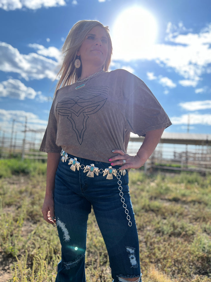 ThunderBird Chain Link Concho Belt With Turquoise Stone | gussieduponline