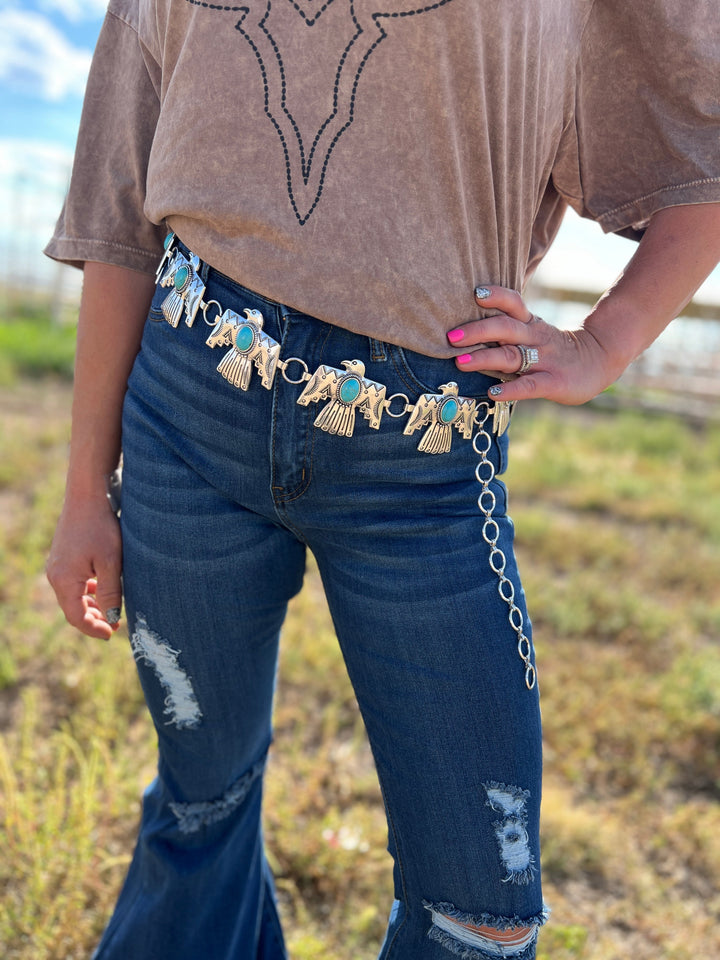 ThunderBird Chain Link Concho Belt With Turquoise Stone | gussieduponline