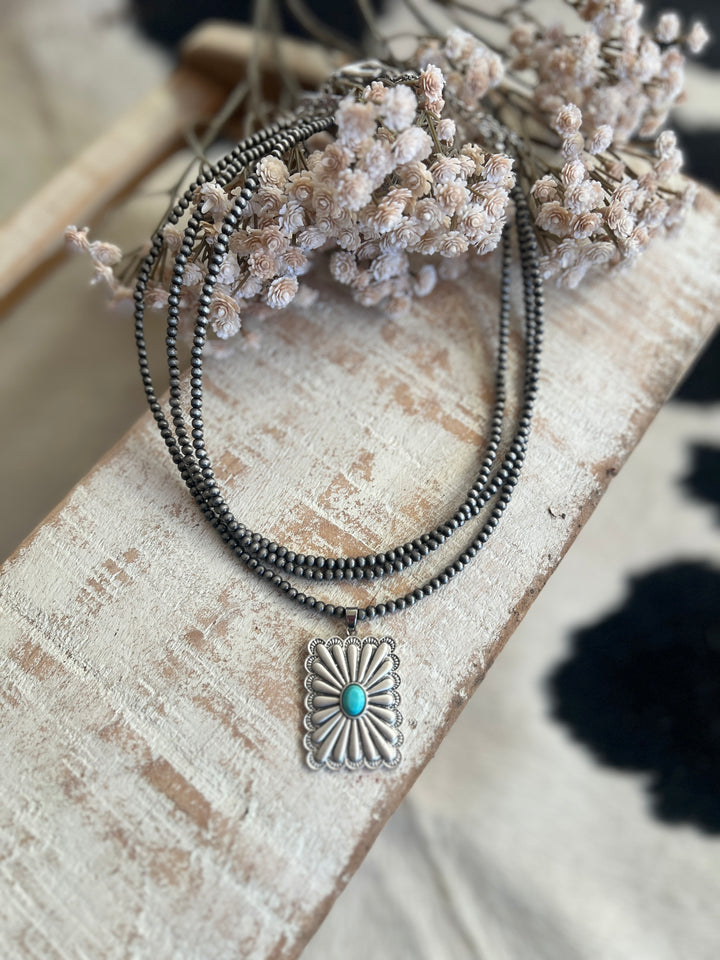 Triple Strand Rectangular Concho Navajo Beaded Necklace