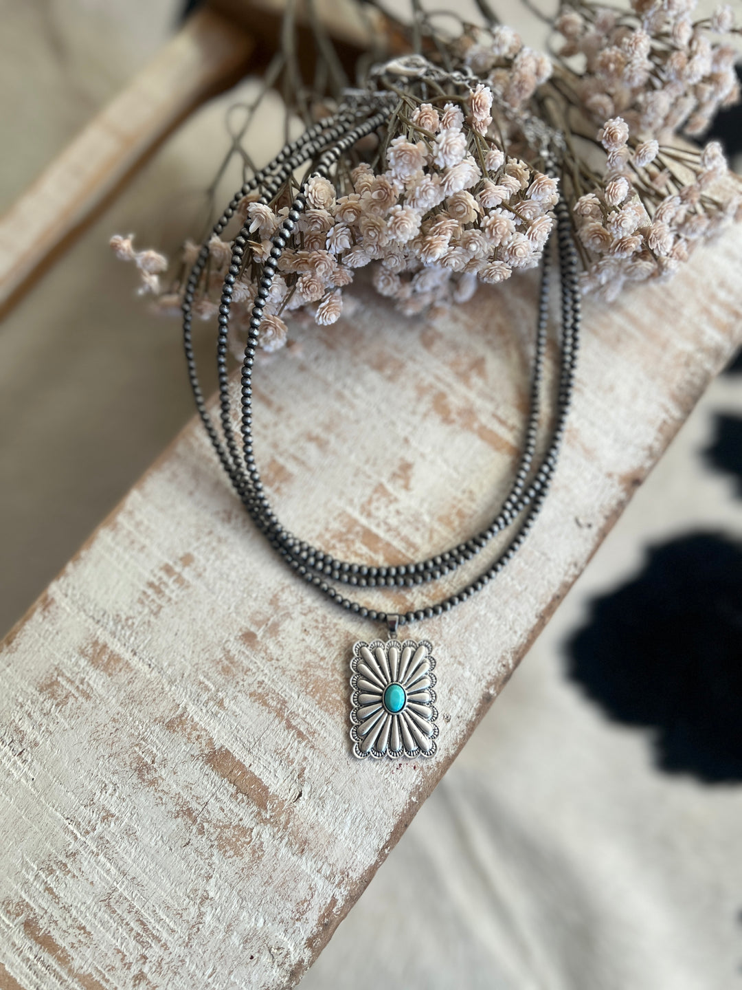 Triple Strand Rectangular Concho Navajo Beaded Necklace