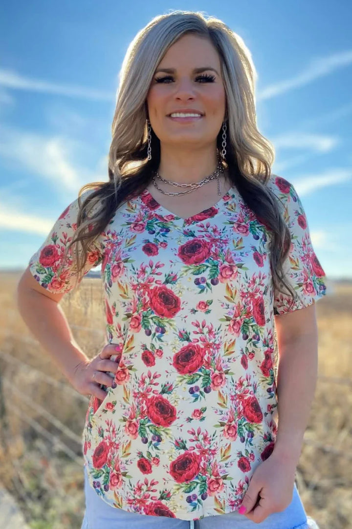 Sterling Kreek Porcelain Petals V Neck Top