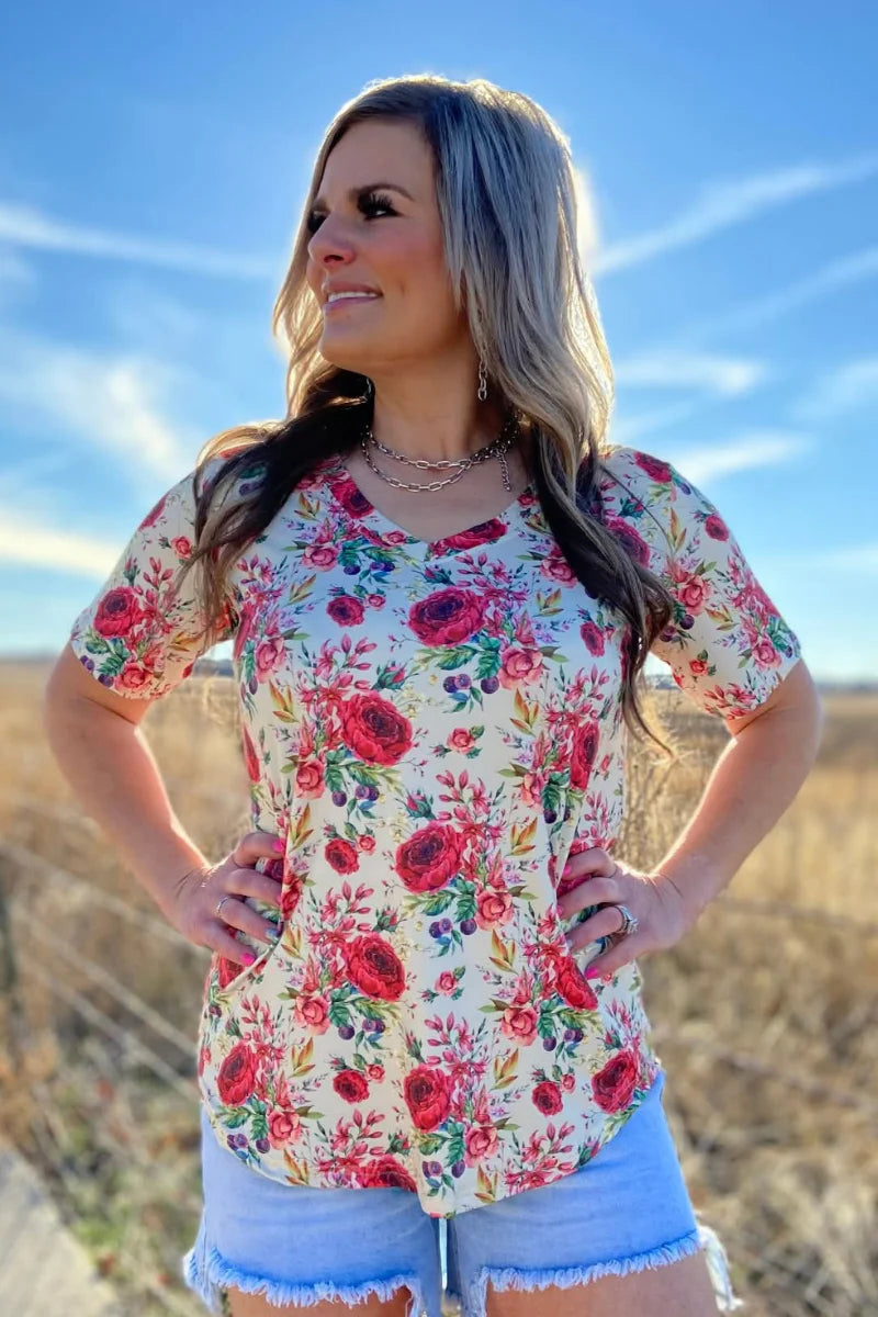 Sterling Kreek Porcelain Petals V Neck Top