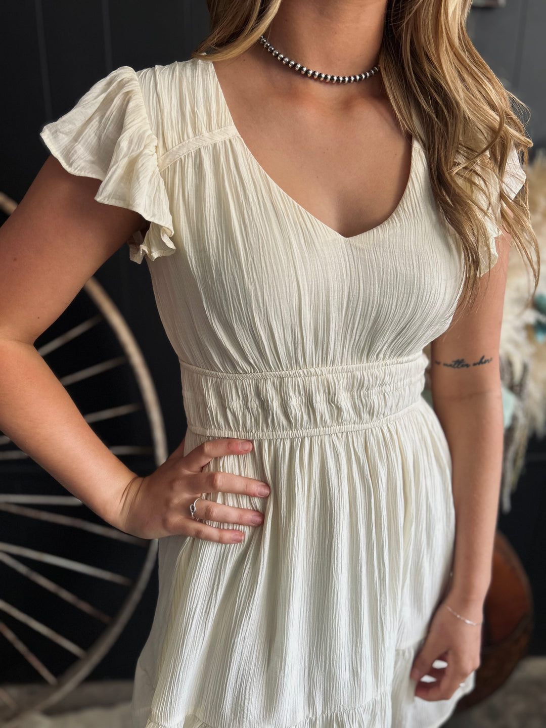 V Neck Short Sleeve Ruffle Detail Shirred Mini Dress- 4 Colors*