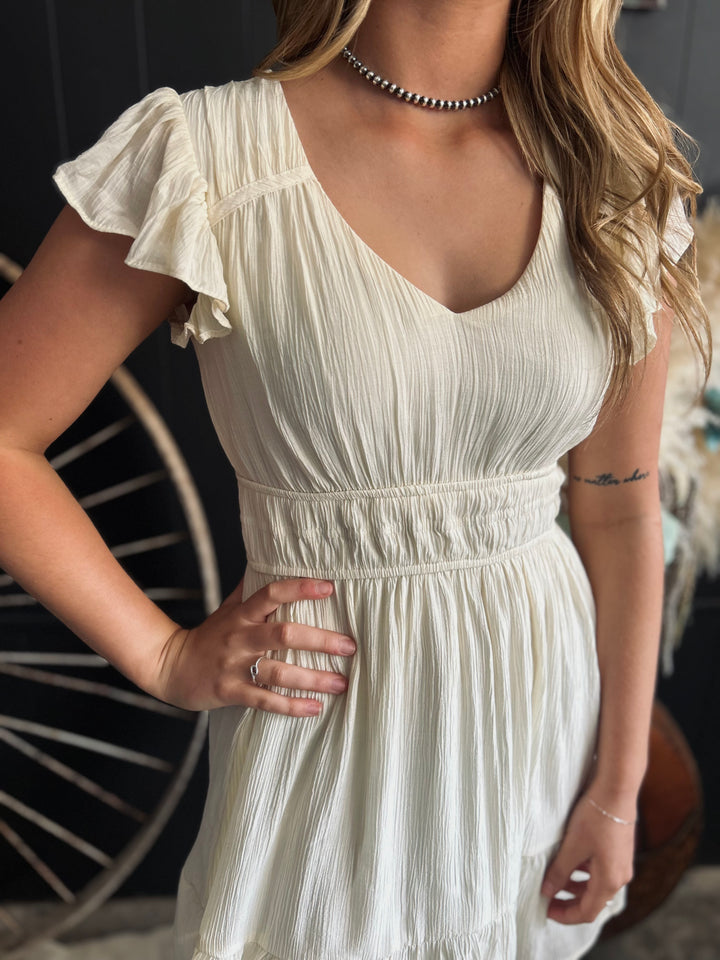 V Neck Short Sleeve Ruffle Detail Shirred Mini Dress- 4 Colors*