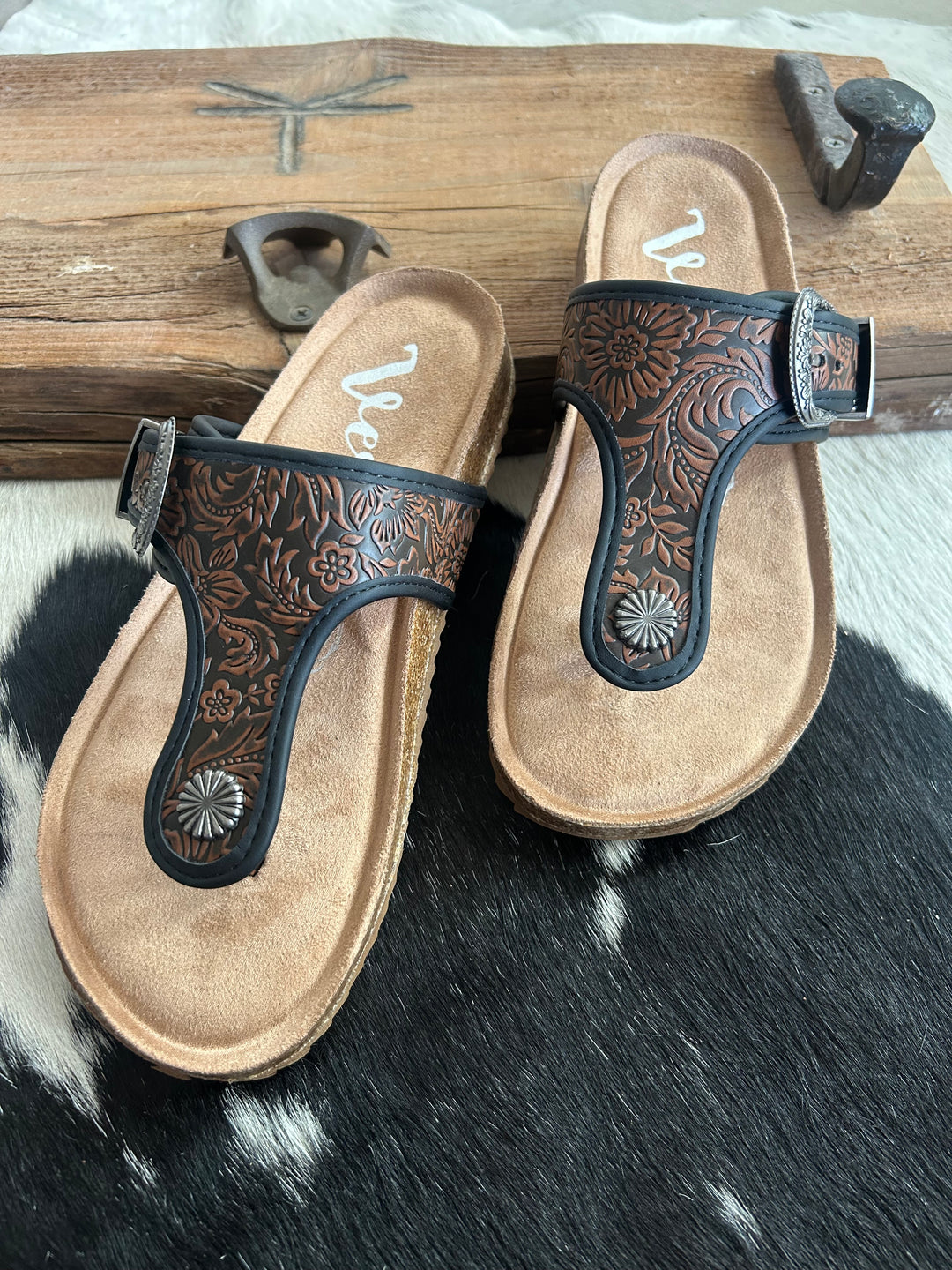 Very G Black Chocolate Tooled Texas Sandals