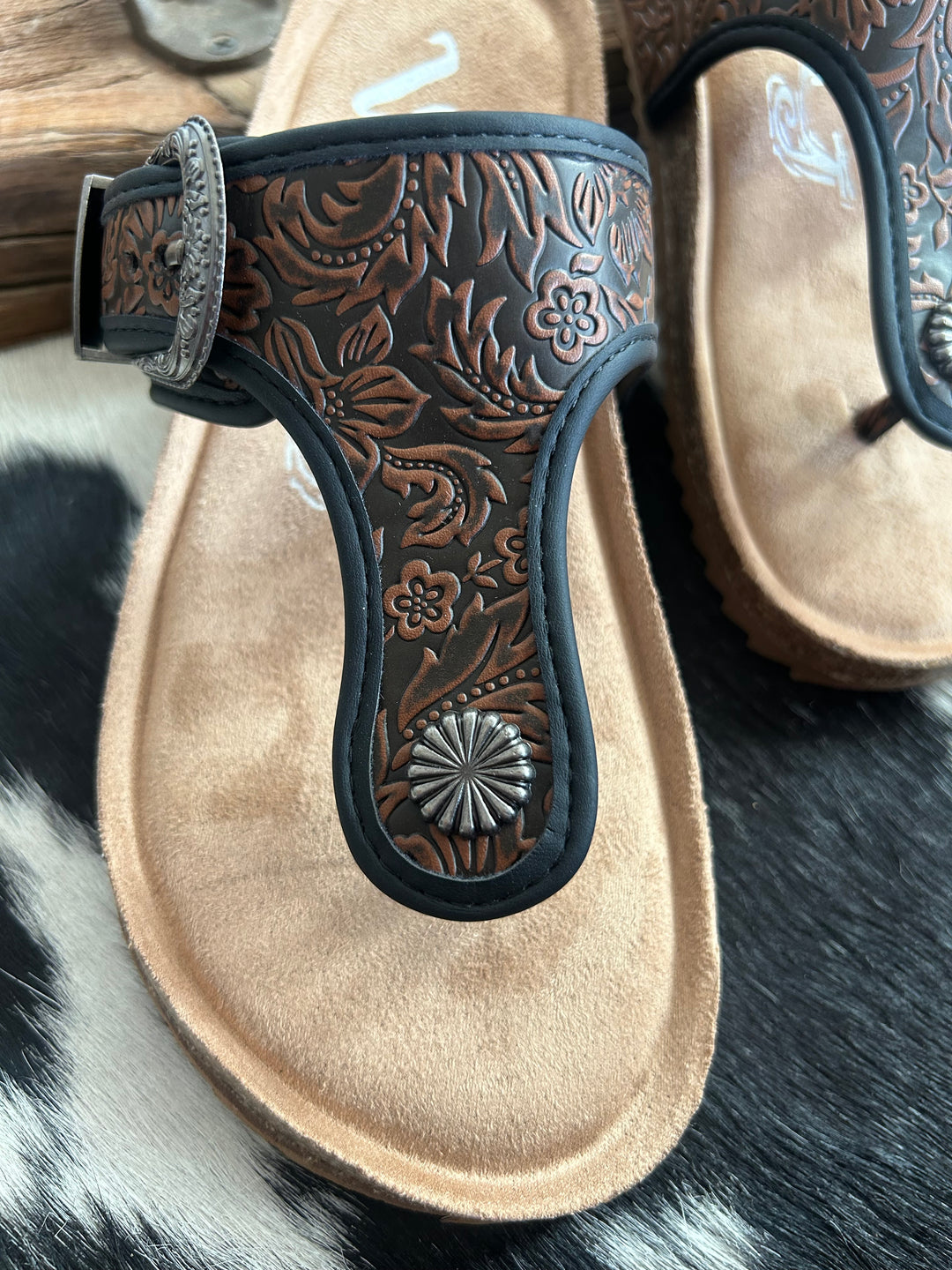 Very G Black Chocolate Tooled Texas Sandals