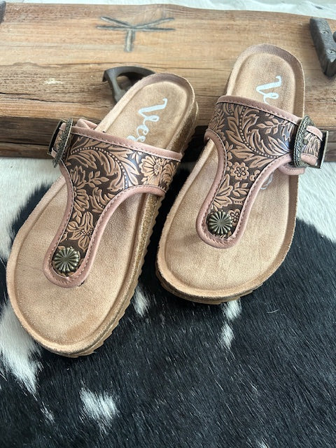 Very G Tan Tooled Texas Sandals