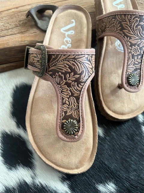 Very G Tan Tooled Texas Sandals