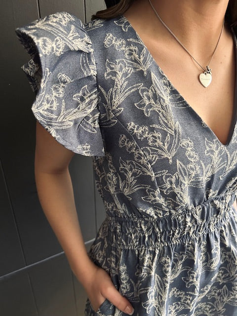 Vintage Style Ruffle Sleeve Denim Blue Dress