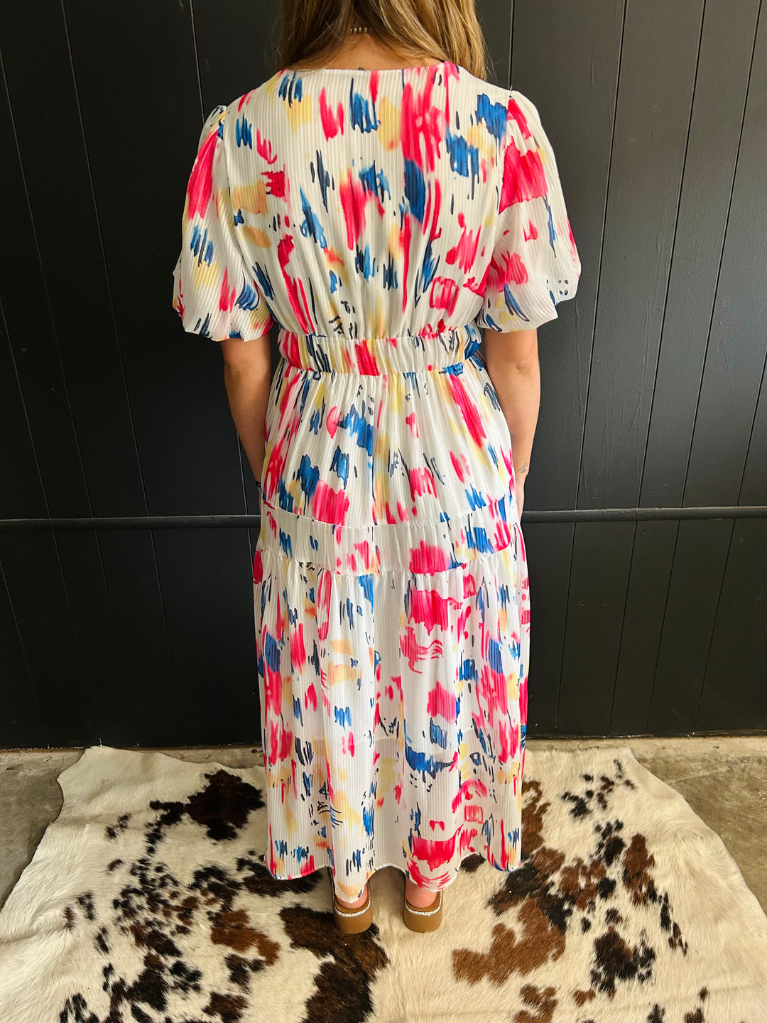 Water Color Print Puff Sleeve Tiered Maxi Dress*