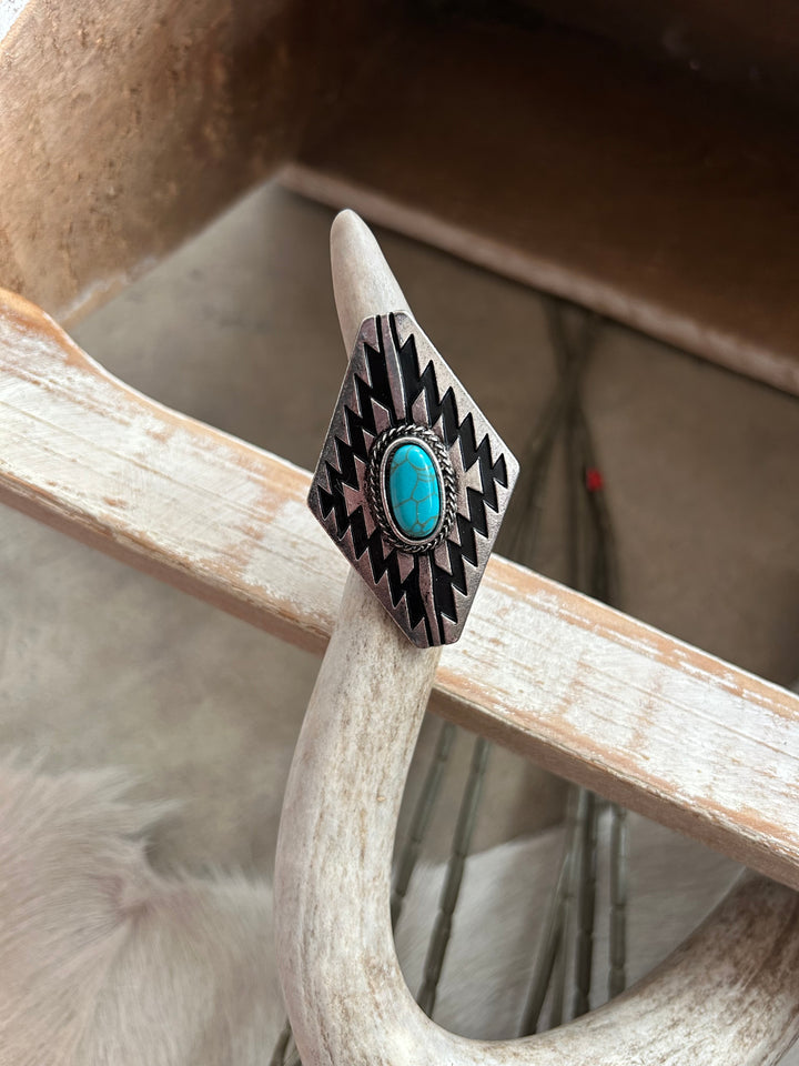 Western Style Turquoise and Black Diamond Ring
