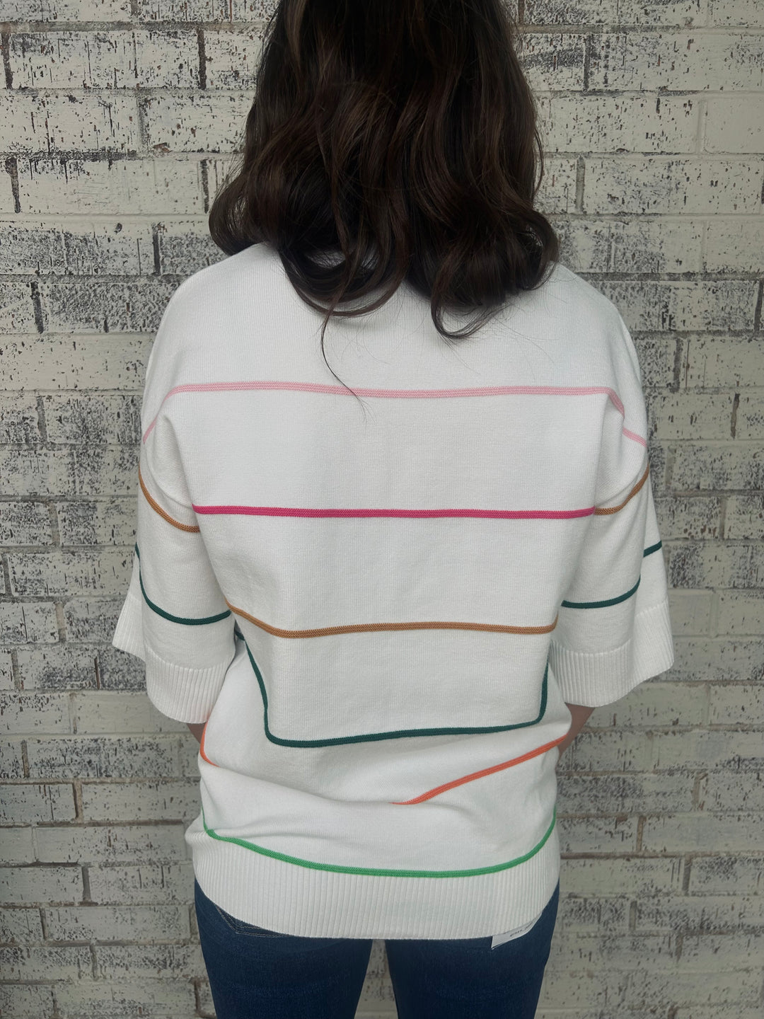 White Striped Half Sleeve Drop Shoulder Sweater Top*
