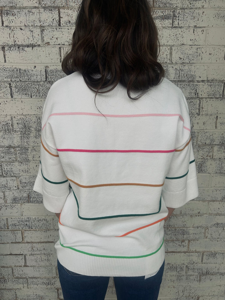 White Striped Half Sleeve Drop Shoulder Sweater Top*