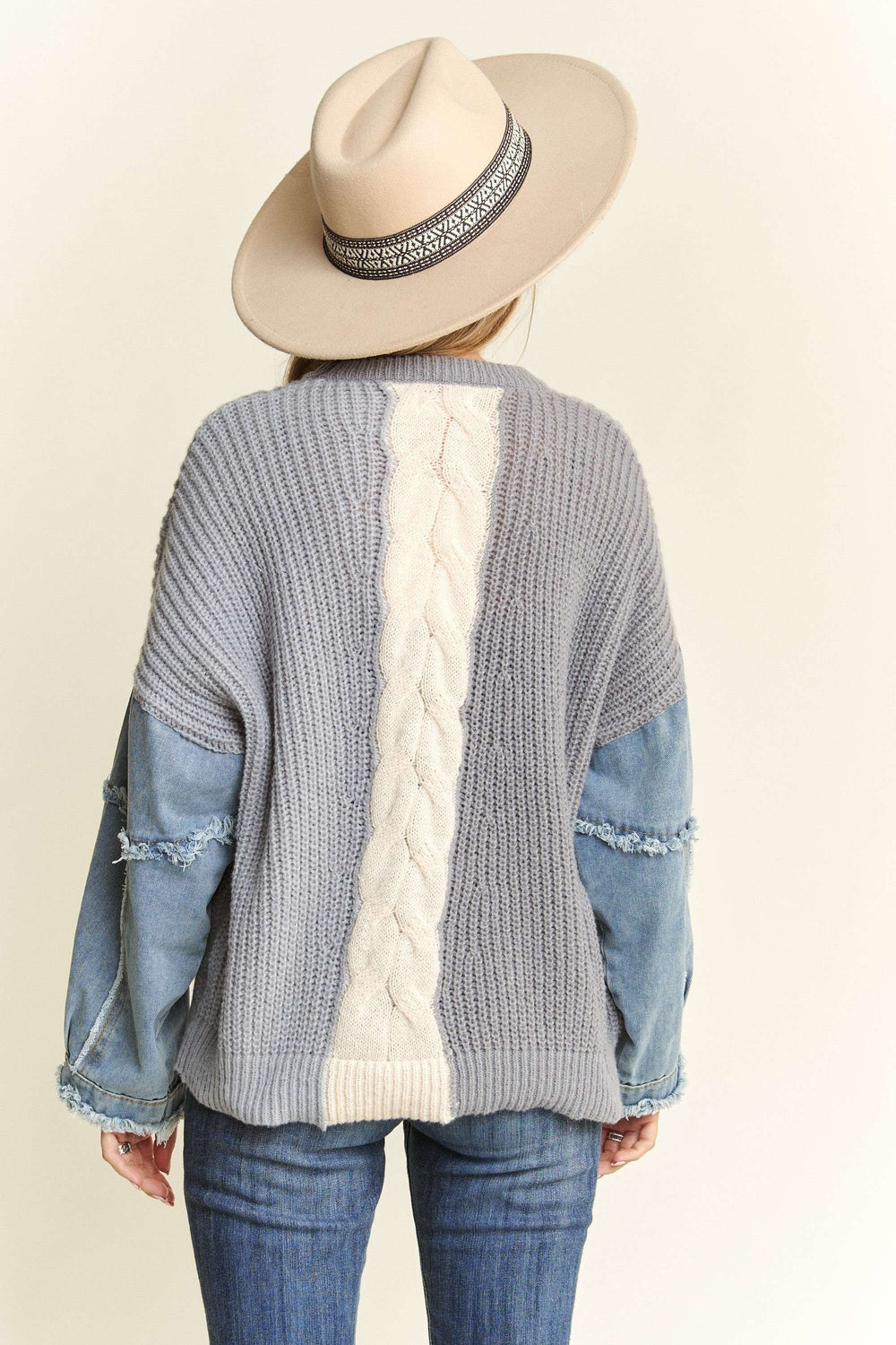 Plus Frayed Denim Sleeve Knit Color Block Sweater Top | gussieduponline