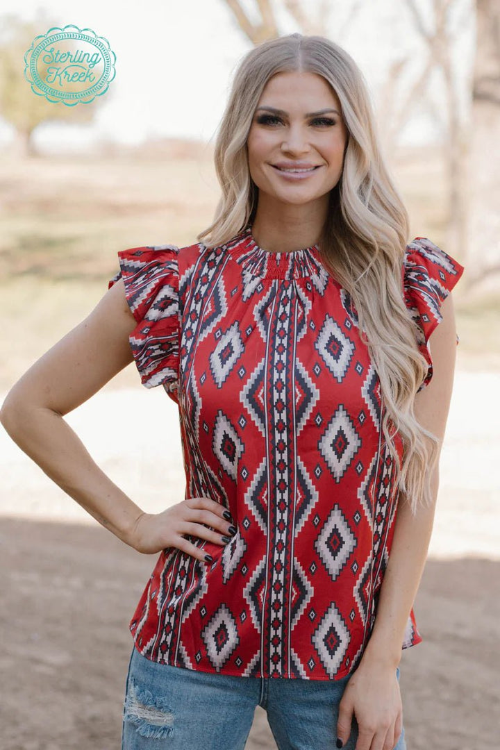 Sterling Kreek Red Aztec Babydoll Top | gussieduponline