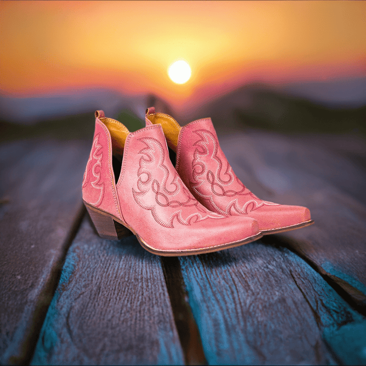 Myra Pink Maisie Leather Stitched Booties | gussieduponline