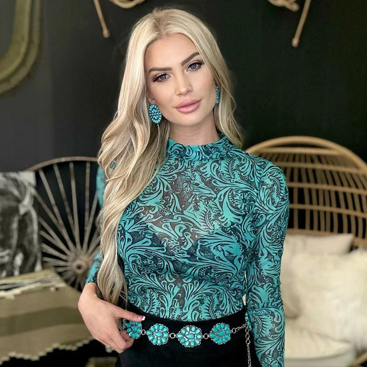 Plus Tooled In Turquoise Top | gussieduponline