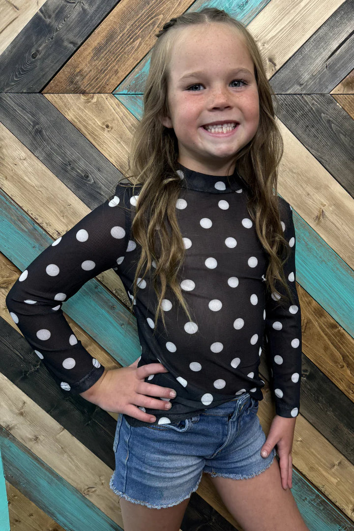 KIDS Kick Off Season Black & White Polka Dot Mesh Top