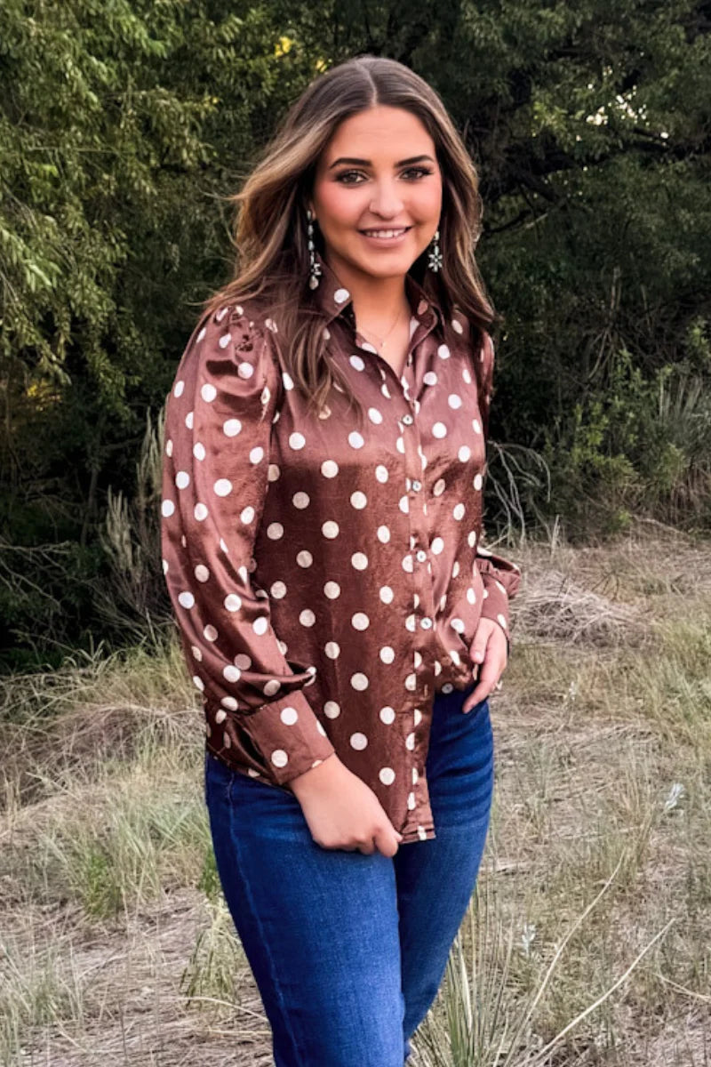 Mocha Dot Button Up Top