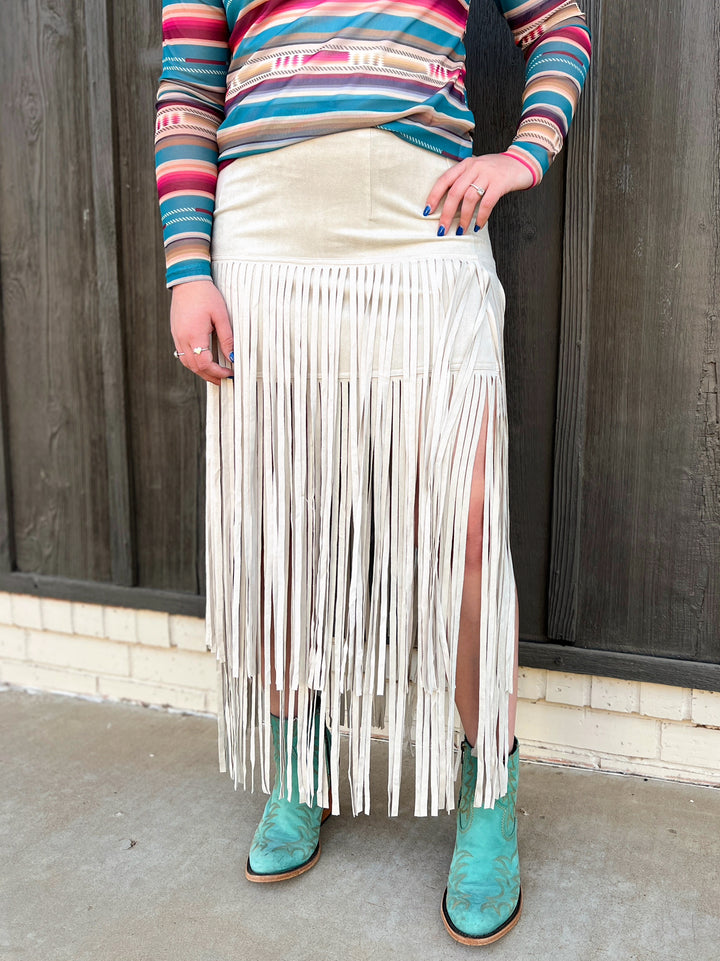 Rodeo Queen Suede Fringe Skirt Beige | gussieduponline