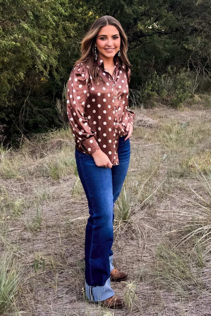 Mocha Dot Button Up Top