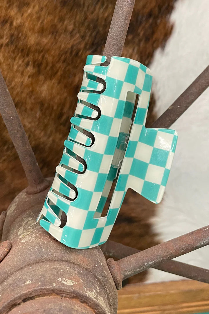 Sterling Kreek Checked Funky Frontier Claw Clip-Turquoise