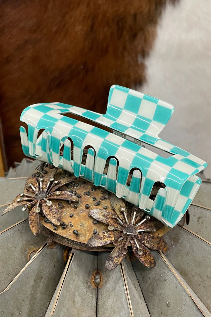 Sterling Kreek Checked Funky Frontier Claw Clip-Turquoise