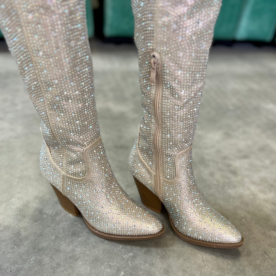 Champagne Bring Ya To Your Knees Rhinestone Boots | gussieduponline