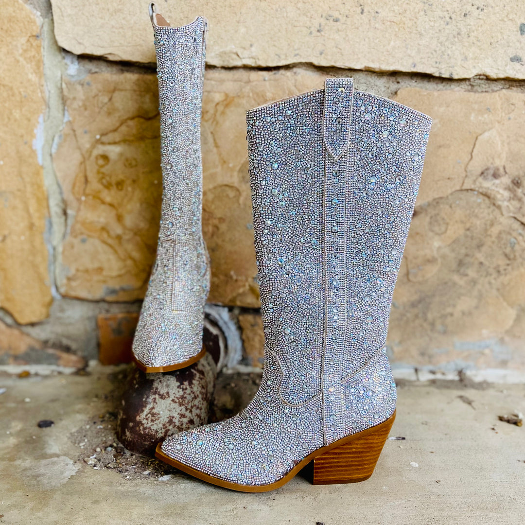 Glitz & Glam Silver Rhinestone Boots | gussieduponline