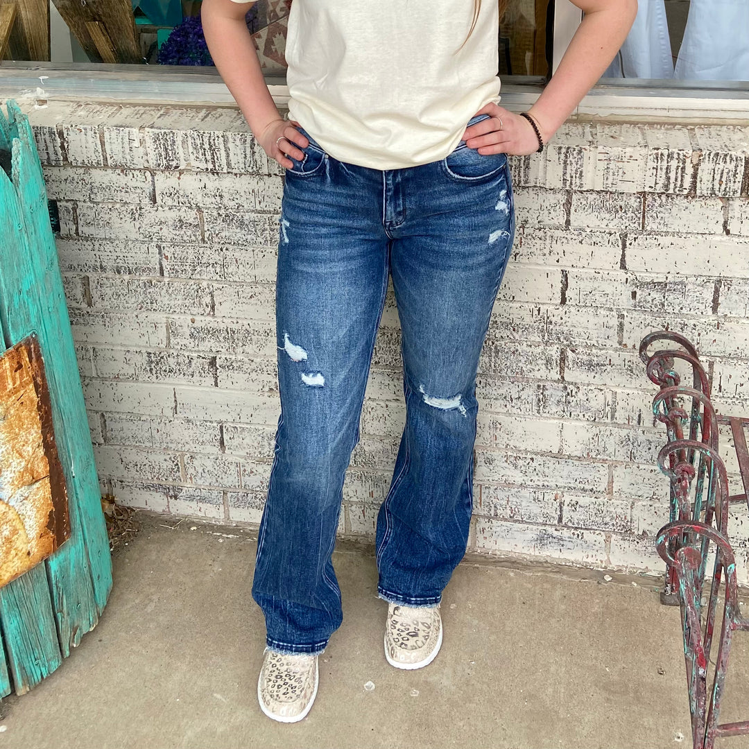 Dark Washed High-Rise Classic Bootcut Jeans | gussieduponline