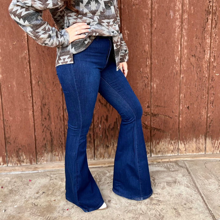 Dark Wash High Rise Stretch Denim Bell Bottoms | gussieduponline