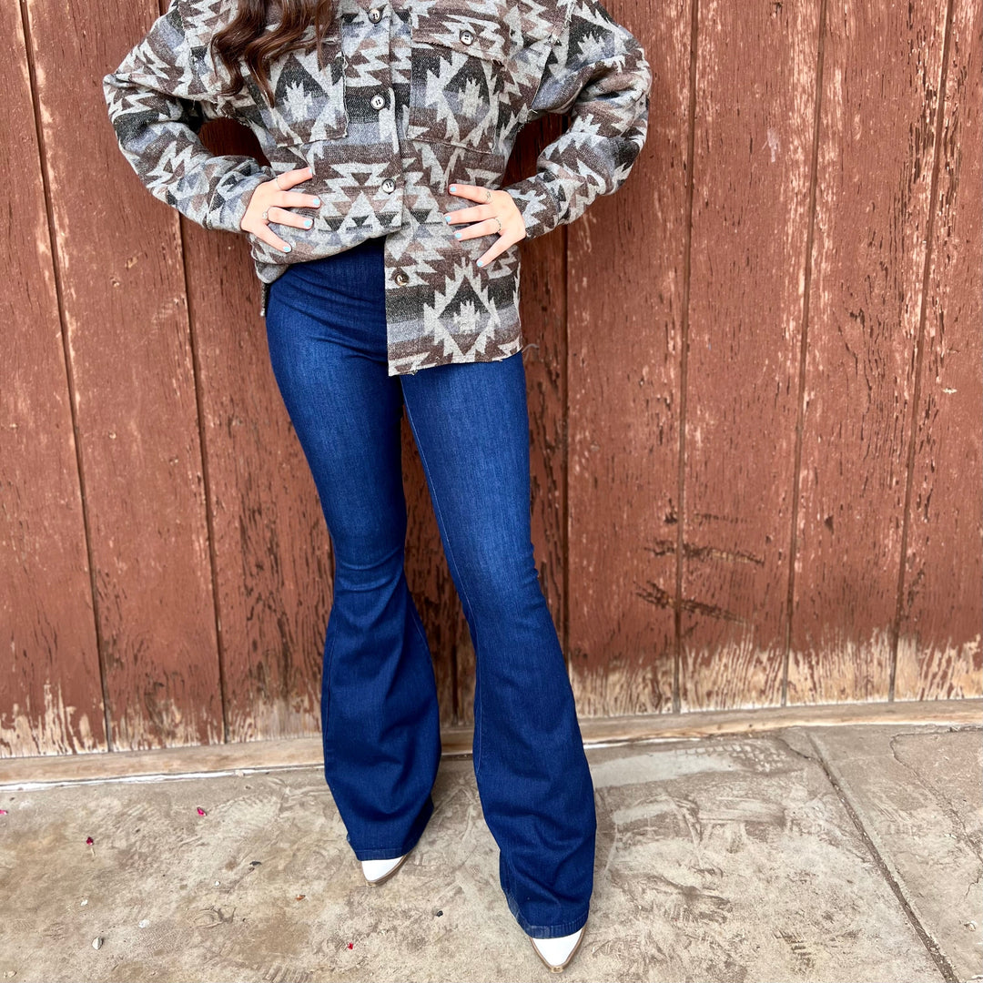 Dark Wash High Rise Stretch Denim Bell Bottoms | gussieduponline