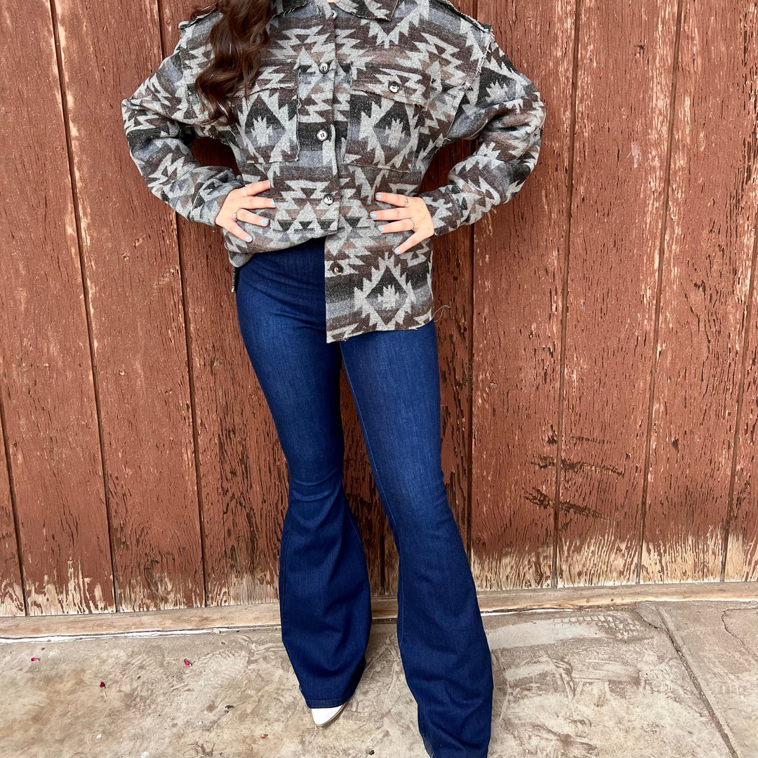 Dark Wash High Rise Stretch Denim Bell Bottoms | gussieduponline